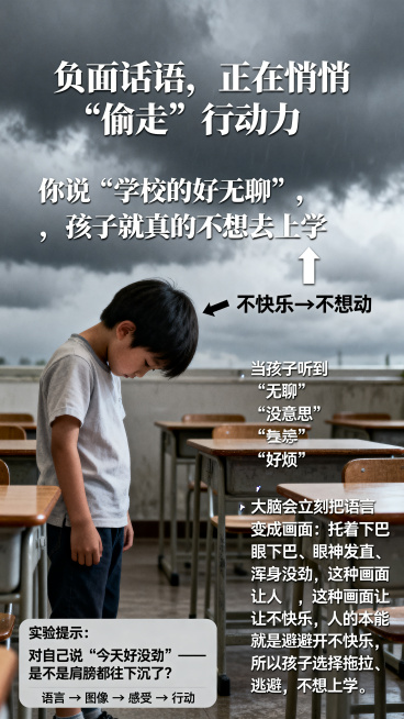 教育科普图文，主题是负面话语悄悄偷走行动力，主标题为"负面话语，正在悄悄“偷走”行动力"，小标题为"你说“学校好无聊”，孩子就真的不想去上学"。正文内容：当孩子听到“无聊”“没意思”“好烦”，大脑会立预览效果