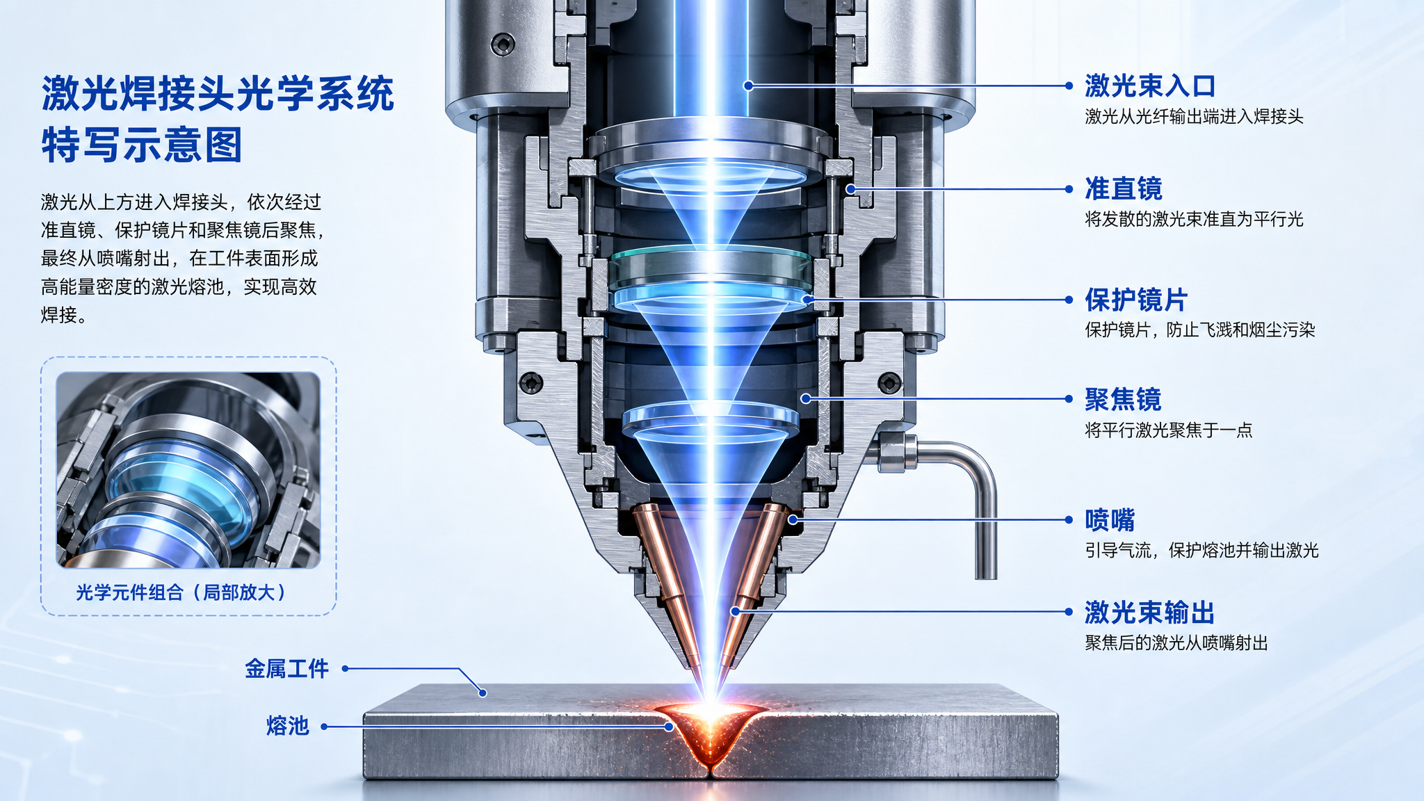 激光焊接头光学系统特写示意图，科学插画风格，展示焊接头内部的准… - 图片创意预览