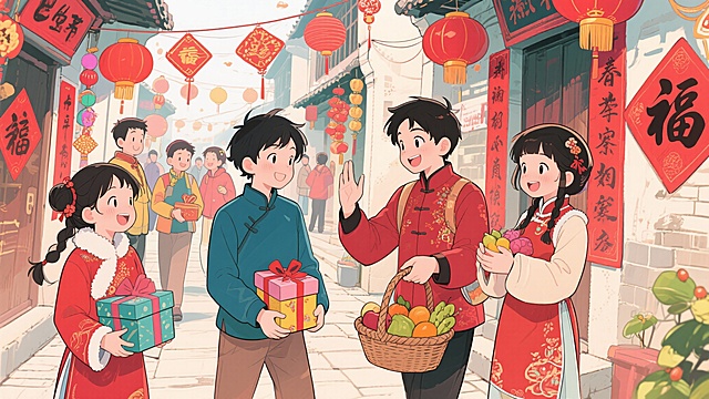 生成一张春节走亲访友的图片。元素多，色彩丰富，漫画风格