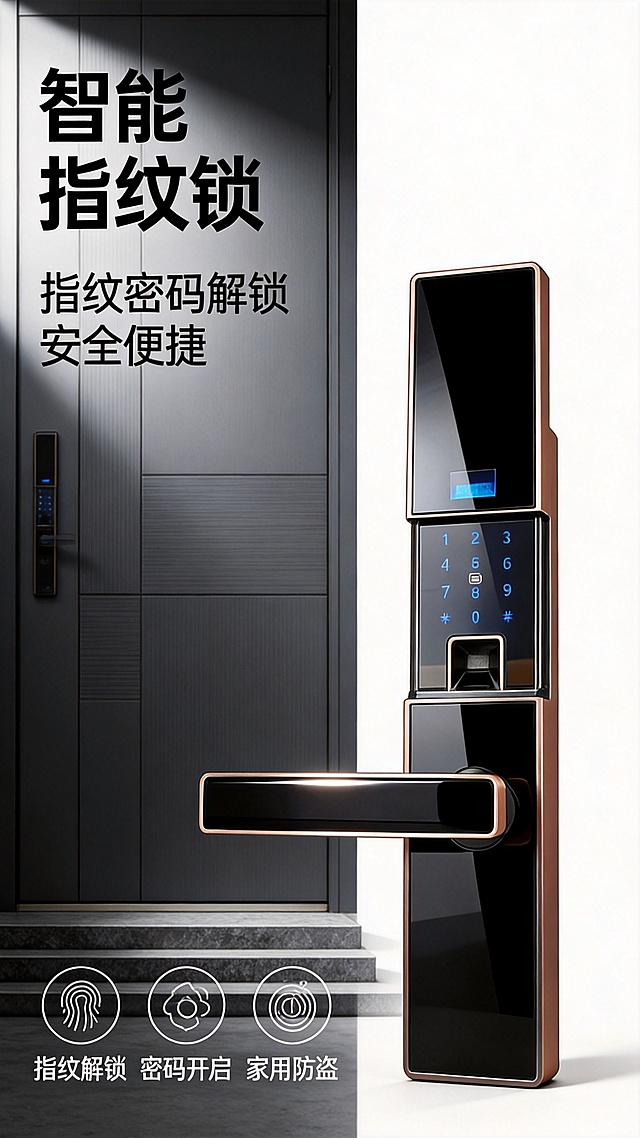 [第1屏] 详情页首屏头图-红古铜智能指纹密码锁宣传海报
[氛围/风格] 现代简约科技风，高级质感，商业摄影质感，简约大气
[元素布局] 精修后的智能指纹锁放在画面偏右区域，占据画面60%-70%主体位置。保持红古铜金属边框，黑色玻璃按键面板，指纹识别区域，蓝色数字按键的物理结构、材质质感、颜色与输入产品图一致。背景左侧为深灰色现代入户门纹理，底部留出台阶质感装饰，左上角预留主标题区域，整体无边框满铺。保持产品所有功能部件完整，结构正确不变形
[光影质感] 主光源从左侧打亮产品金属边框和玻璃面板，右侧保留自然柔和阴影，金属边框呈现清晰拉丝质感，玻璃面板保留干净光泽，整体明暗层次分明，产品边缘清晰真实
[配色色系] 全局底色：#F5F5F5（浅灰）；主体配色：#B36B3D（红古铜）+#1A1A1A（黑色面板）+#0099FF（蓝色按键）；文字配色：#1A1A1A（主标题）+#666666（副标题）
[视角构图] 平视拍摄，产品斜放展示整体外观，左侧大面积留白给文案区域，构图稳定均衡
[文字版式] 左上角主标题「智能指纹锁」，加粗黑色无衬线字体，字号约为画面宽度的10%，主标题下方副标题「指纹密码解锁 安全便捷」，字号为主标题30%，底部三个圆形图标分别标注「指纹解锁」「密码开启」「家用防盗」，文字横排排布，文字不遮挡产品主体
[比例分辨率] 9:16竖版比例，2K分辨率，文字清晰可辨，超高清
[负向提示词] 产品结构变形，按键缺失，颜色偏差，水印，文字错乱，产品图模糊，背景杂乱