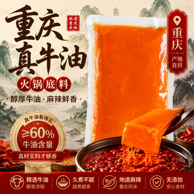 重庆真牛油火锅底料电商主图，新中式风格，突出重庆产地标识，展示牛油醇厚纹理，中式山水底纹背景，突出真牛油卖点，淘宝平台适配，1:1正方形构图预览效果
