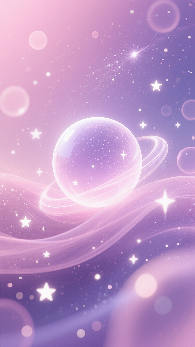 粉紫渐变为主色调的梦幻背景，柔和的粉色与浪漫的紫色交织融合，画面中点缀着无数闪烁的白色星星和明亮的星点，巨大的半透明光晕球体悬浮在中央，周围环绕着轻盈飘逸的曲线状光带，整体呈现出柔和朦胧的光影效果，融入银河星空元素，增添梦幻神秘感，背景中分布着大小不一的圆形光斑和光晕，营造出浪漫、梦幻、空灵的氛围，画面纹理细腻平滑，光影过渡自然柔和，充满童话般的唯美意境。