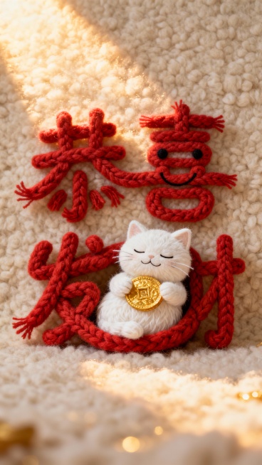 温馨的米色背景，像一块柔软的米色羊毛毡，表面布满细腻均匀的绒毛，暖光下泛着光泽。“恭喜发财”四个字由蓬松红毛线织成，手工编织质感，线条粗细均匀，边缘微微卷曲，毛茸茸软绵绵。“恭”字笔画弯曲有致似鞠躬，预览效果