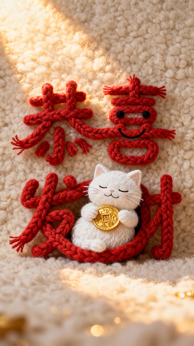 国潮风毛线编织“恭喜发财”字样，搭配萌趣白猫手持金元宝，微缩艺术感十足，暖光洒落，喜庆可爱，面料质感细腻，尽显新年吉祥氛围。