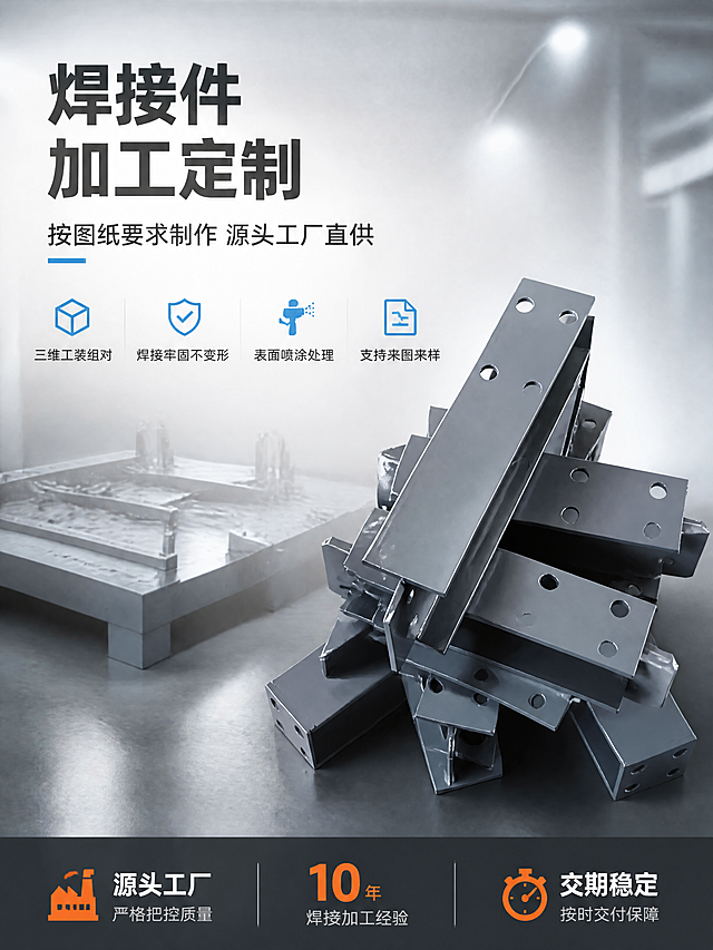 [第1张] 详情页头图-焊接件加工定制主视觉海报。本张使用【图1】灰色喷涂成品焊接件作为主体，【图2】焊接平台工装作为背景元素。
[氛围/风格] 工业专业海报风，冷灰金属质感，商业摄影质感，与主图套图视觉统一。
[元素布局] 画面右侧主体为灰色方管焊接结构件成品组，多根方管与连接板组合摆放，占比约55%-60%；产品物理结构、材质质感、灰色喷涂颜色与输入产品图保持绝对一致，杜绝任何变形和色差。左侧留标题区，背景为浅灰色工业风，带细微金属纹理和柔和光斑；背景远处隐约可见三维焊接平台轮廓，增加工厂氛围。底部深色通栏增加稳重感。
[光影质感] 左上方主光照明，金属表面有细腻高光，右下自然投影，整体明亮通透，突出金属质感与焊接细节。
[配色色系] 全局底色 #E8EAED 冷灰渐变；主色深灰 #3C4043；辅助色工业蓝 #1A73E8；点缀色橙黄 #FF6D00。
[视角构图] 45度斜侧视，产品为视觉中心，阅读动线左上标题 → 右侧产品 → 底部信息条。
[文字版式] 左上标题区：主标题「焊接件加工定制」超大粗体，副标题「按图纸要求制作 源头工厂直供」；下方4个卖点短句横排带图标：「三维工装组对」「焊接牢固不变形」「表面喷涂处理」「支持来图来样」。底部通栏深色底，左侧「源头工厂」中间「10年焊接加工经验」右侧「交期稳定」。文字不遮挡产品主体。
[比例分辨率] 3:4 竖版比例，4K 分辨率，文字清晰可辨，高清画质。
[负向提示词] 变形，水印，文字错乱，产品图模糊，背景杂乱，结构错误，颜色偏差。