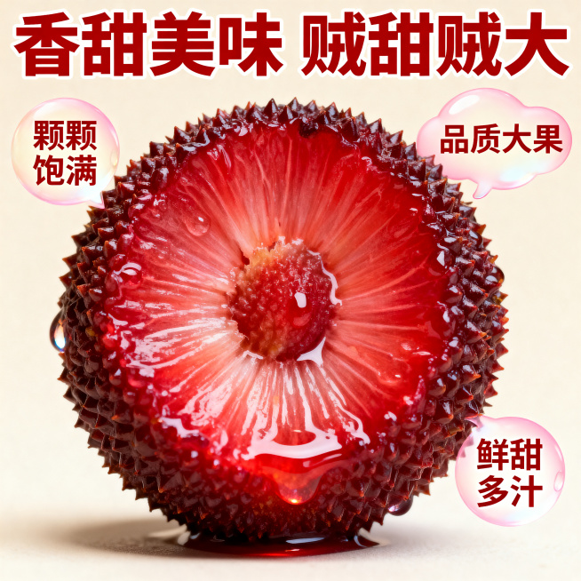 一颗对半切开的仙居东魁杨梅，占据画面中心，切面朝向镜头，果肉鲜红饱满，纹理清晰，果核完整可见，表面布满晶莹水珠，颗粒感十足，突出果实的新鲜与硕大。中心特写构图，主体杨梅为视觉焦点，近景拍摄，背景干净无预览效果