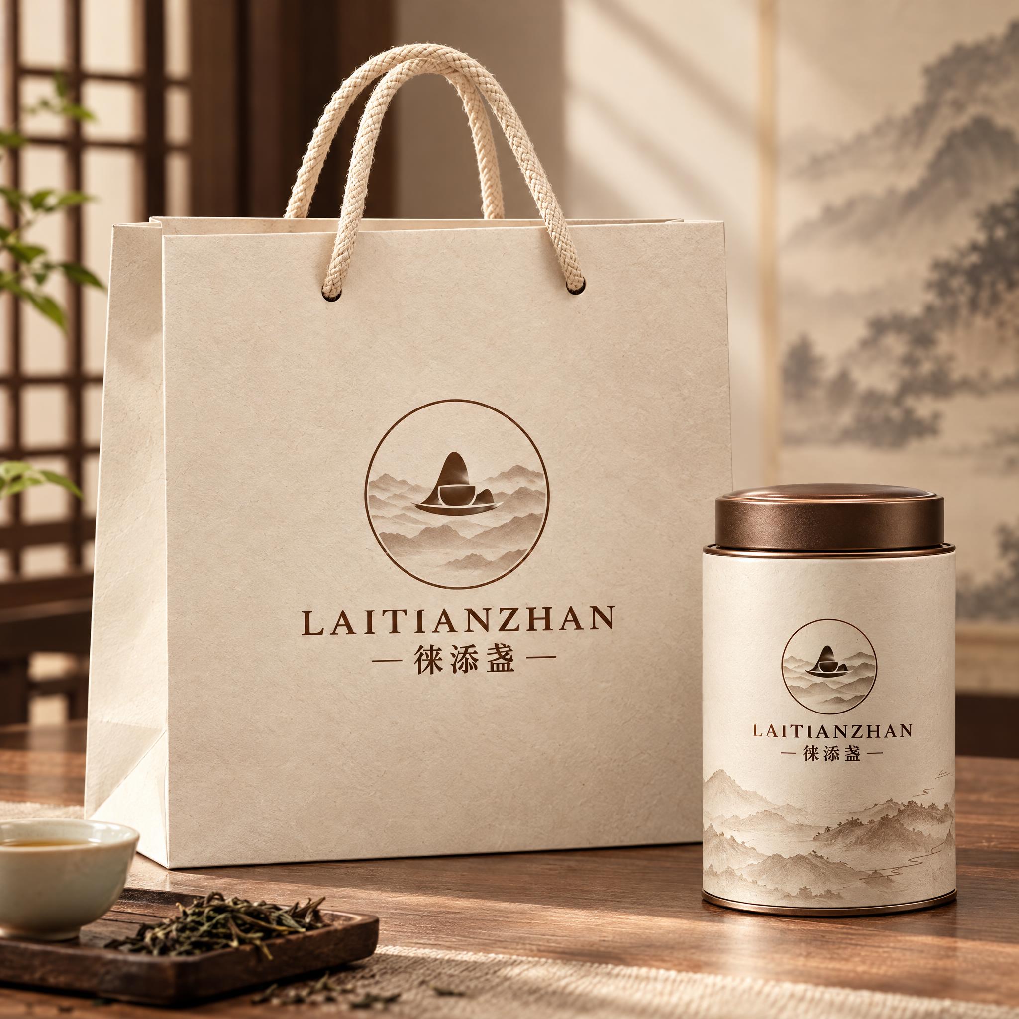 徕添盏茶品牌纸质手提袋设计模板。新中式高端风格，米白色牛皮纸手… - 图片创意预览