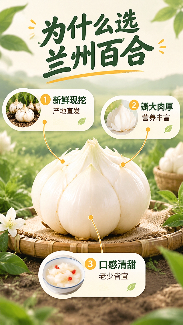 [商品] 使用【图1】兰州鲜百合，保留百合洁白饱满外形与自然色泽，居中展示。
[画面] 目标：卖点拆解页，三大核心理由强化认知。中心引线型构图：中央放置一颗完整鲜百合，周围向外引出3条引线连接3个卖点卡片，分别对应新鲜、饱满、清甜三大理由；背景为浅米色渐变+淡绿叶纹理，主体占画面40%，信息卡片环绕分布。
[视觉] 套系策略：风格=自然田园产地风商业摄影；标题字=粗黑体带手写感；正文字=简洁无衬线体；主色=奶白+田园绿；背景延展=基于田园绿做深浅层级、土地棕褐过渡、自然田野质感；强调色=暖橙黄，仅用于小面积标签、引线和高亮；标题色=深墨绿；正文色=深棕灰；组件=圆角白底信息卡、细线引线、小标签；光影=右前侧暖自然光，柔和阴影。
[文字] 顶部主标题"为什么选兰州百合"，3个卖点卡片分别写：①新鲜现挖 产地直发、②瓣大肉厚 营养丰富、③口感清甜 老少皆宜；全部横排，卡片内文字层级清晰。
[规格] 图片比例9:16竖版，4K，避免变形、错字、文字过小、医疗功效宣传、绝对化用语。