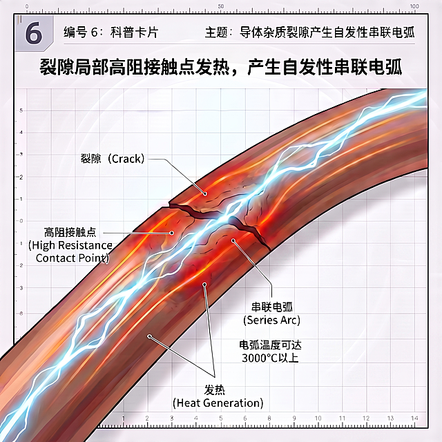 修改图片：1. 电弧只限定在横向裂隙之间，不要延伸到导体外部；2. 裂隙只断开圆柱体导体一小部分，不要完全断开；3. 将原图片左上角剩余黑色残留区域改为和整体一致的白色格子背景；4. 删除所有残留的多余文字表述；保留所有正确标注、整体排版和风格不变。