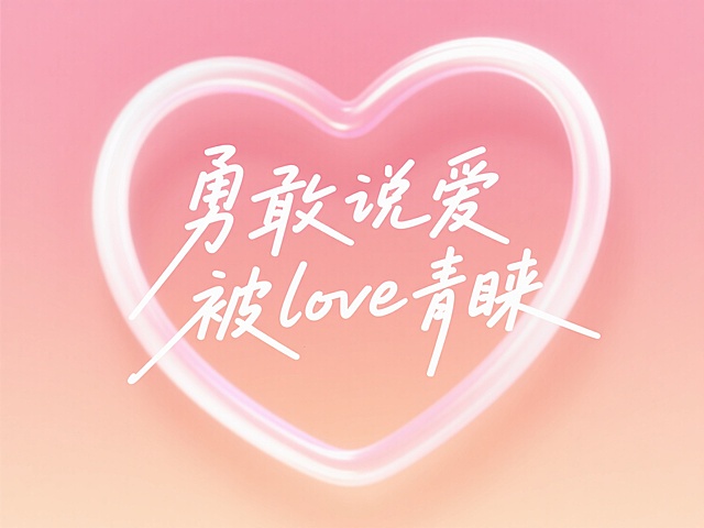 文字“勇敢说爱 被love青睐”，粉白渐变3D爱心环点缀，淡橘粉渐变背景，淡粉字。