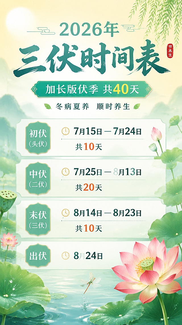 国风清新夏日风格三伏时间表社群海报，整体温暖舒适，体现夏季节气养生氛围。主标题："2026年三伏时间表"，副标题："加长版伏季 共40天"，辅助文案："冬病夏养 顺时养生"，清晰列出完整时间信息：初伏（头伏） 7月15日 — 7月24日 共10天、中伏（二伏） 7月25日 — 8月13日 共20天、末伏（三伏） 8月14日 — 8月23日 共10天、出伏 8月24日。版式精美，信息分区清晰，文字全部清晰可读，浅青绿色搭配暖黄色渐变背景，点缀简单荷叶荷花夏季元素，整体干净通透，画面比例9:16