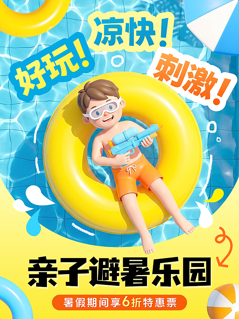 夏季亲子避暑乐园暑假优惠宣传卡通风小红书配图