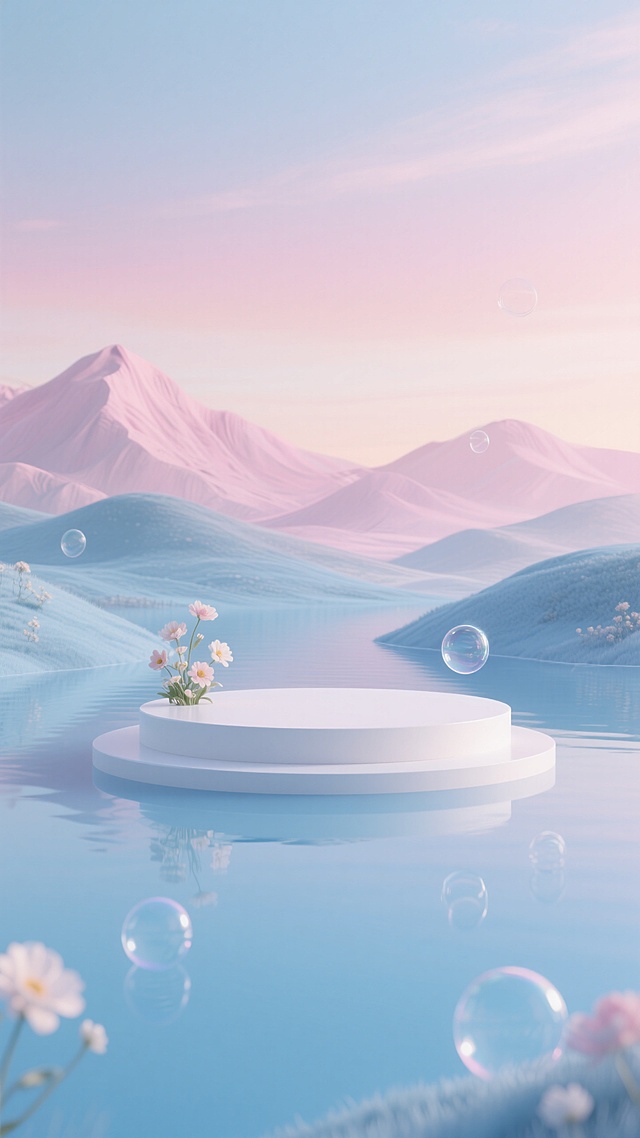 梦幻3D虚拟自然，清新柔和的超现实主义风格，花与泡泡点缀湖面，山峦朦胧。