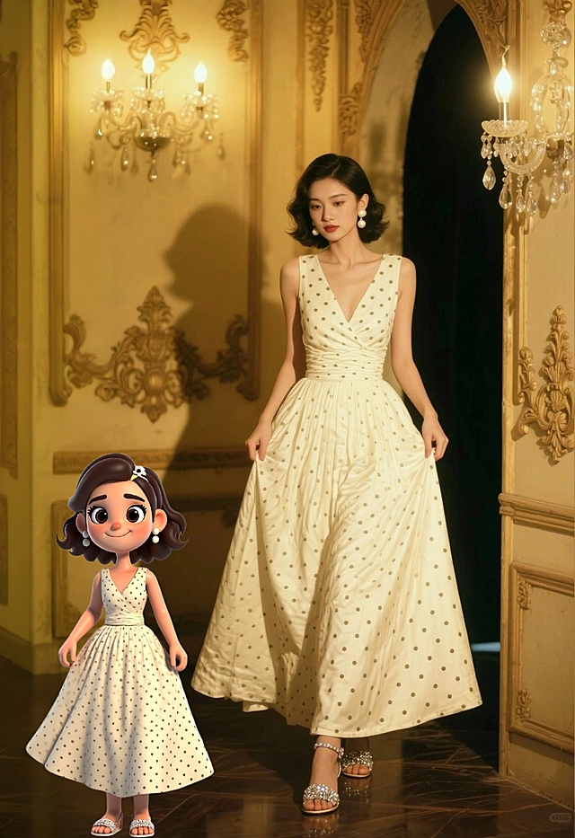 复古优雅的波点裙，古典宫廷风背景，甜美动漫角色点缀，轻拟物风设计，尽显面料质感。