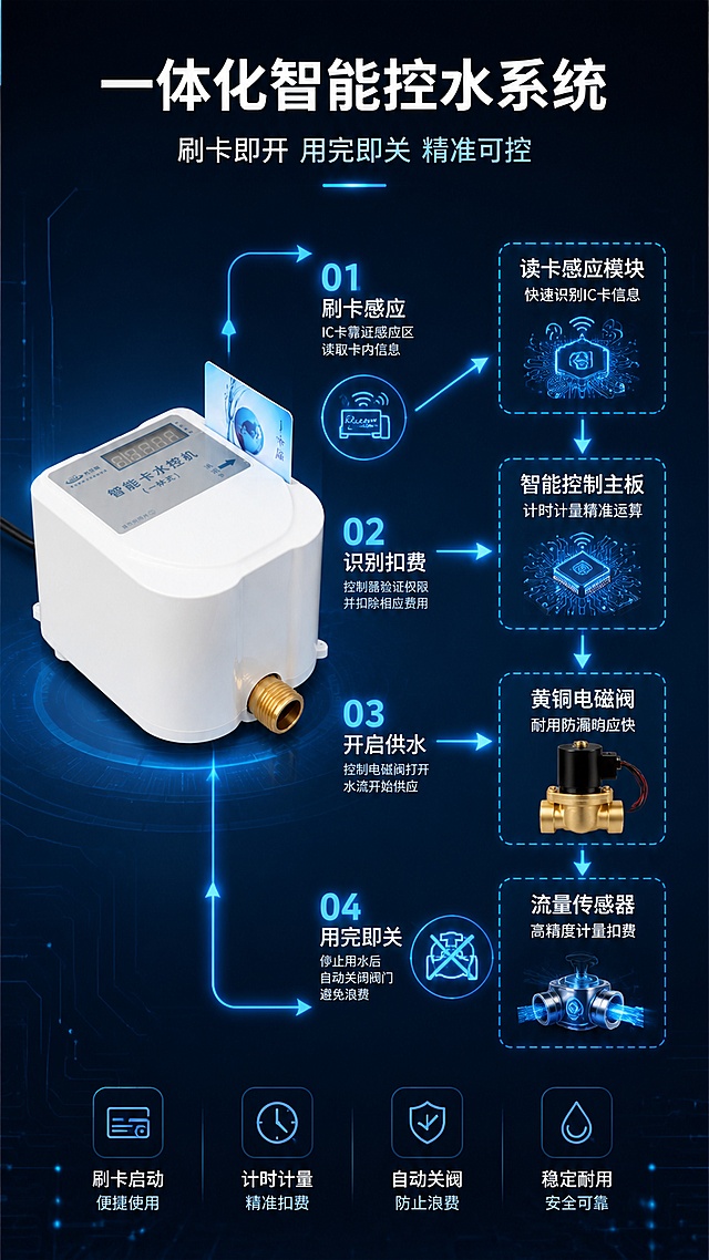 [第4屏] 详情页核心技术原理-IC卡水控机工作原理示意。本屏使用【图3】作为产品主体，配合原理示意图。
[氛围/风格] 科技图解风，深蓝底配发光线路，技术感强，商业摄影+信息图结合质感。
[元素布局] 画面左侧放置水控机产品45°视角，占比约40%；右侧及周围用发光线条和箭头绘制工作原理路径：IC卡刷卡感应 → 控制器识别扣费 → 电磁阀开启供水 → 用完自动关阀；用虚线框标注四大核心模块：读卡模块、控制主板、电磁阀、计量传感器；模块之间用蓝色发光箭头连接；产品物理结构与输入图一致。
[光影质感] 产品主体清晰打光，原理线条有自发光效果，背景深蓝有微弱科技光点，整体有科技通透感。
[配色色系] 全局底色 #0D1B2A 深蓝底；主色 #00B4D8 青蓝色发光线条；辅助色白色产品、浅灰模块标签。
[视角构图] 左产品右原理的左右构图，阅读动线从产品出发沿箭头路径阅读原理。
[文字版式] 顶部主标题「一体化智能控水系统」，副标题「刷卡即开 用完即关 精准可控」；四个模块分别标注：「读卡感应模块 快速识别IC卡信息」「智能控制主板 计时计量精准运算」「黄铜电磁阀 耐用防漏响应快」「流量传感器 高精度计量扣费」；文字用白色和浅蓝色区分层级。
[比例分辨率] 9:16 竖版比例，4K分辨率，文字清晰可辨，高清画质。
[负向提示词] 产品变形，结构错误，颜色偏差，水印，文字错乱，文字过小，线路混乱。