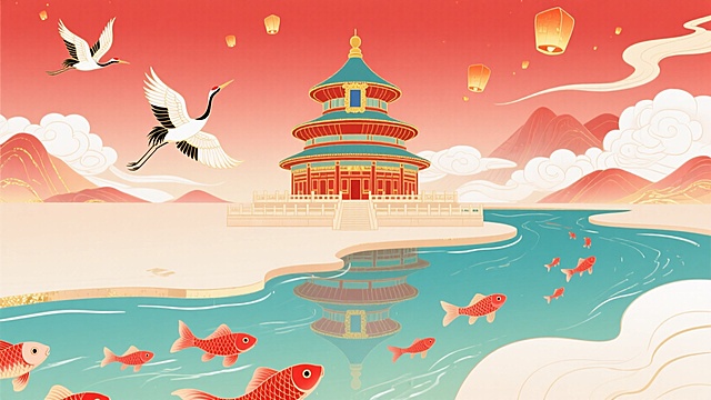 中式古典插画风，梦幻国潮场景，虚拟自然与建筑融合，灯笼鹤鱼点缀，节日氛围浓厚。