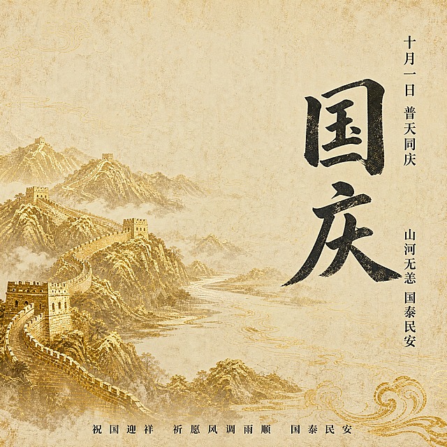国庆日电商主图，1:1正方形，淘宝天猫平台。参考图2的风格和格式：米白做旧宣纸纹理底色、暗纹底纹、烫金山河长城纹样、黑色宋体书法大字、右侧竖排文字布局、左侧山河图案、斑驳做旧印刷质感、无印章无英文。画面主体：国庆日主题，右侧竖排大字“国庆”，上方小字“十月一日 普天同庆”，下方小字“山河无恙 国泰民安”。左侧烫金山河长城图案，万里长城蜿蜒山峦间，江河奔流，烫金线条勾勒山河轮廓，气势恢宏。底部横排小字说明“祝国迎祥 祈愿风调雨顺 国泰民安”。整体色调为米白宣纸底色+烫金山河长城+黑色书法大字，古朴庄重，古籍烫金质感，商品主图视觉，留白充足，格式与前两张不同（右侧文字+左侧山河图案）。