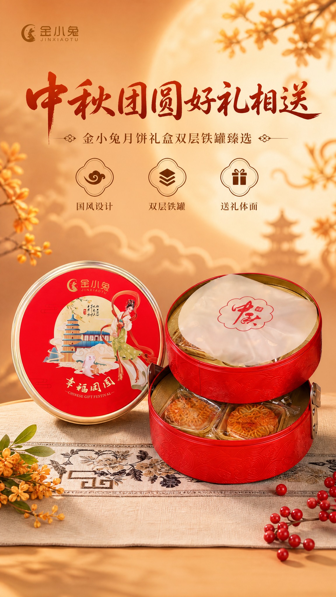 基于参考图中的红色双层圆形铁罐月饼礼盒，生成一张淘宝天猫中秋详… - 图片创意预览