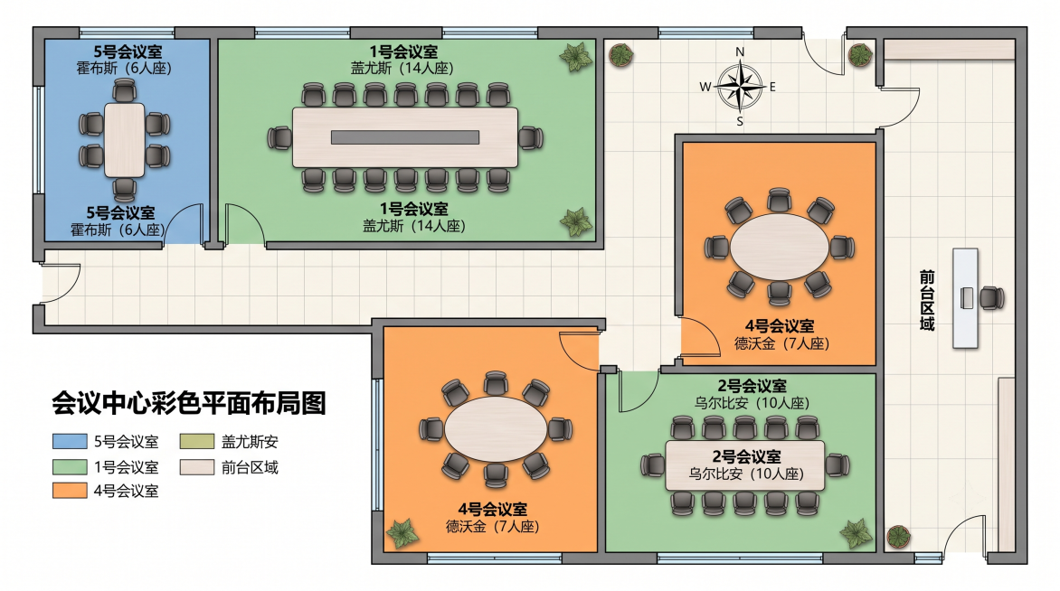 按照示意图重新生成会议室彩色平面图，布局要求：左上角并排5号会议室霍布斯（6人座）和1号会议室盖尤斯（14人座），中间方形区域是4号会议室德沃金（7人座），右下方依次是3号会议室萨维尼（5人座）和2号预览效果