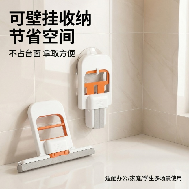 [主图 5] 壁挂收纳卖点展示
[氛围/风格] 整洁收纳场景，明亮通透光线，突出节省空间优势
[画面元素] 保持产品外观与原图完全一致，展示迷你拖把通过吸盘壁挂在厨房墙面，周围干净整洁，旁边对比空出的预览效果