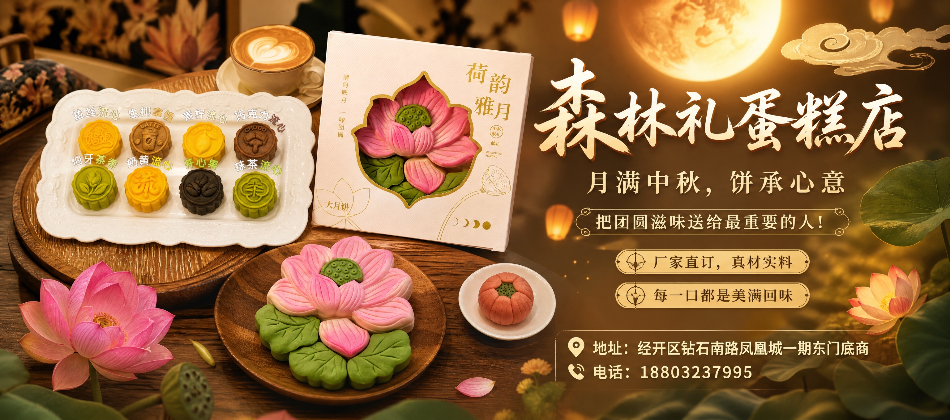 中秋月饼礼盒宣传海报，横版9:4比例。画面左侧展示三款精美月饼… - 图片创意预览