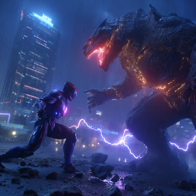 cinematic still, epic battle between an evil Ultraman and a protective kaiju. Evil Ultraman: dark pu预览效果