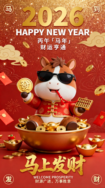 3D 卡通风格马年春节海报，暖红底带细腻金粉星光纹理，点缀浅金祥云与烟花暗纹，整体质感饱满喜庆。主体是圆滚滚的棕白 Q 版小马，戴黑框墨镜、穿红底金纹盘扣唐装，坐在满溢金元宝的聚宝盆里，前爪举着烫金预览效果