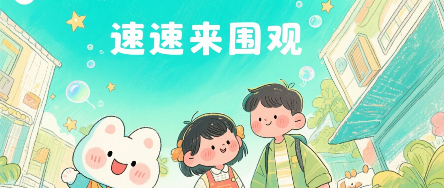 卡通风格公众号封面图，画面中有可爱的卡通人物，表情生动活泼，背景采用蓝绿色渐变，点缀星星和气泡元素，上方有醒目的文字“速速来围观”，整体色彩明快吸睛，构图饱满，适合公众号传播预览效果