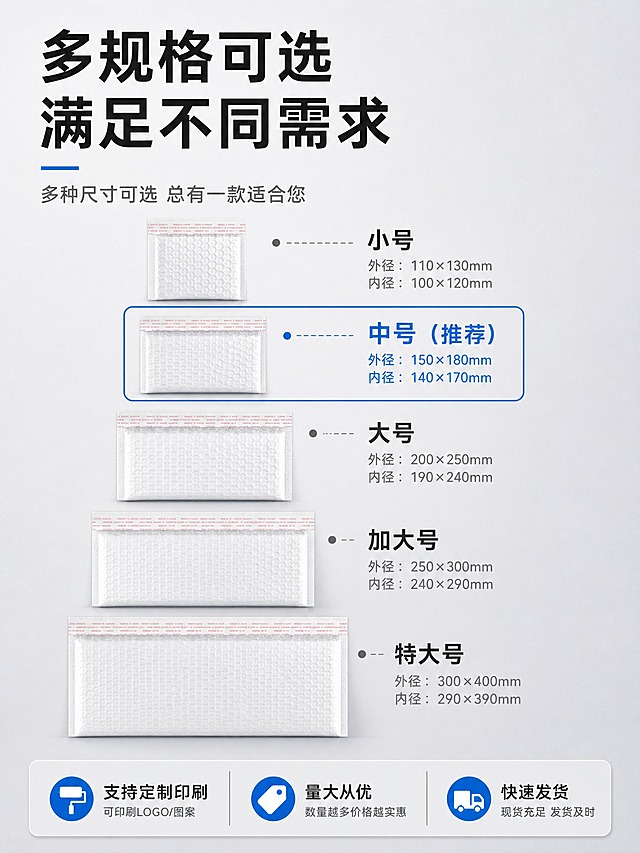 [主图-5] 规格选择与决策 3:4竖版 展示多规格气泡信封袋阵列 帮助用户选择合适尺寸
[统一基调] 淘宝天猫风格 专业品质感 洁净实用 背景主色浅灰白渐变 标题字色深灰近黑 辅助字色中灰 强调色为科技蓝 字体为无衬线粗体 字号层级分明 卡片采用细描边轻阴影圆角样式 整体明亮通透
[画面] 3:4竖版构图 画面中央整齐排列5个不同尺寸的白色珠光膜气泡信封袋 从小到大竖向依次排开 呈阶梯状展示 每个袋子右侧标注尺寸规格 用小号 中号 大号 加大号 特大号 等具体名称 不用SKU字样 背景为浅灰白渐变 画面底部有一条信息栏 标注支持定制印刷 量大优惠等服务信息 整体排列整齐 视觉清晰 竖版排列更符合手机浏览习惯
[光影质感] 商业棚拍质感 光线均匀柔和 每个袋子的气泡纹理都清晰可见 底部有统一方向的柔和阴影 立体感强
[配色] 背景浅灰白渐变 尺寸名称深灰色 选中的主推尺寸用科技蓝色边框高亮 底部信息栏浅灰底深灰字
[文字版式] 顶部大标题 多规格可选 满足不同需求 每个袋子右侧标注具体尺寸和名称 底部信息栏文字 支持定制 量大从优 快速发货 字体统一无衬线粗体 层级分明 竖版布局标题在上 规格阵列在中 信息栏在底部
[输出要求] 3:4比例 1536*2048像素 产品排列整齐 尺寸标注清晰 文字可读 无错字 无水印 无平台Logo 禁止出现极限词和虚假承诺