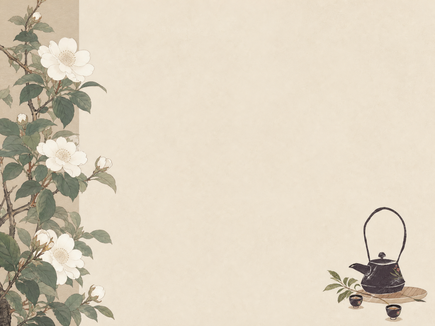 生成同款国风背景，保留左侧山茶花枝叶和右下角茶壶茶杯图案，去除所有文字，保持米色底色，整体比例改为4:3，新国风工笔画风格，色调素雅预览效果