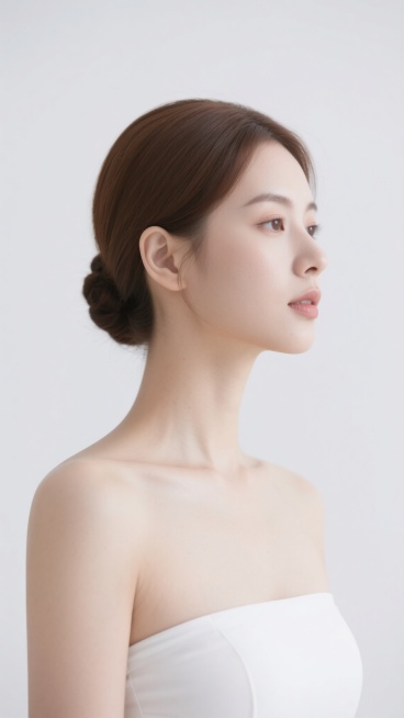一张人物侧脸特写肖像，白色纯净背景，光线柔和均匀，人物皮肤白皙细腻，呈现自然光泽和良好质感，棕色头发梳成整洁的低发髻，露出光洁的额头和修长的脖颈，身着白色抹胸上衣，整体画面简洁干净，营造出优雅、纯净、专业的氛围，展现人物优美的侧脸轮廓和清晰的下颌线，构图采用经典的垂直构图，突出人物的颈部和肩部线条，视觉焦点集中在人物的面部和发型，整体风格偏向简约、清新、写实。预览效果