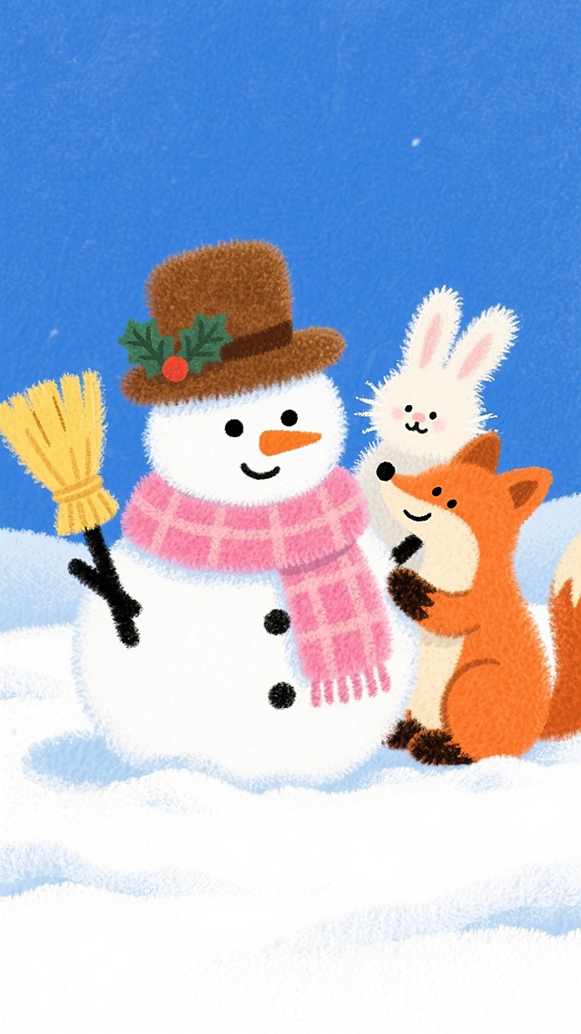 中心是圆滚滚雪人（头戴饰有冬青的棕色礼帽，围粉格纹围巾，手持黄色扫帚）。旁边橙色狐狸前爪托脸、神态亲昵；白色兔子在雪人后方轻调其礼帽，互动温馨。地面铺松软雪地，蓝色背景