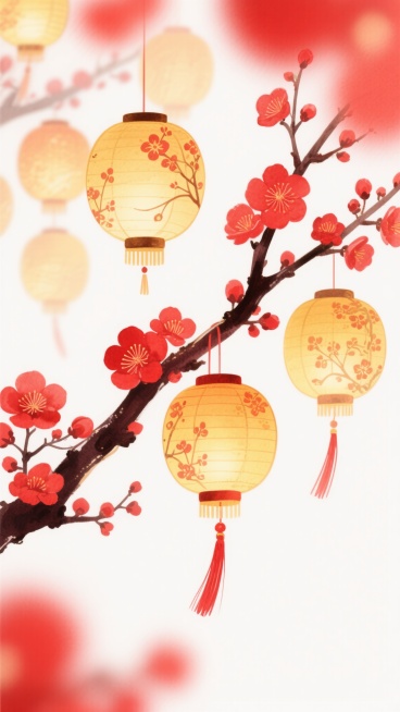 中国风插画风格背景图，热闹喜庆的节日氛围，画面以红色和金色为主色调，光线柔和明亮，带有温暖的光晕效果，水彩质感的透明晕染笔触，构图采用视觉引导线布局。一枝斜伸的深色梅枝上开满了鲜艳的红色梅花，梅花形态饱满，花瓣层次分明。梅枝上悬挂着多个圆形的黄色灯笼，灯笼表面装饰有精致的梅花图案，灯笼下方垂着红色流苏，灯笼散发着柔和的暖光，照亮了周围的梅花。背景为纯白色，突出主体元素，营造出简洁而富有节日气息……预览效果