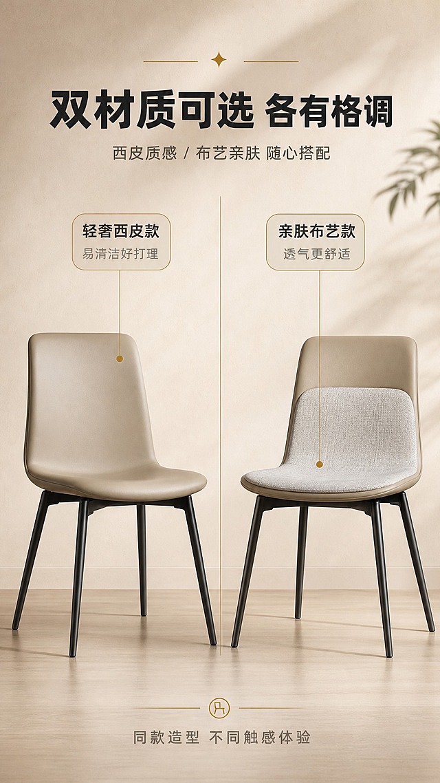 [商品] 使用【图1】的两款现代简约餐椅；左侧全西皮浅卡其款，右侧西皮靠背+布艺坐垫款；保留黑色碳素钢细腿、弧形靠背轮廓、整体比例和结构，不改变颜色和材质。
[画面] 目标：设计美学与双款材质对比展示。左右分栏构图，左侧展示西皮款特写，右侧展示布艺款特写，中间用竖线分隔；上方为标题区，下方两款椅子并排呈现，各配材质标注；产品占画面约70%；背景为浅米色质感墙面+柔和光影；阅读动线从上到下、从左到右。
[视觉] 套系策略：风格=现代轻奢家居商业摄影；标题字=现代无衬线粗黑体；正文字=简洁无衬线体；主色=浅卡其米棕；背景延展=基于米棕做深浅层级、同色渐变和细腻墙面/木质质感；强调色=暖金，仅用于小面积图标、引线和标签；标题色=深炭灰；正文色=中暖灰；组件=圆角浅底信息卡、细线引线、胶囊标签；光影=左前侧暖柔光，均匀布光突出材质。
[文字] 顶部主标题"双材质可选 各有格调"，副标题"西皮质感 / 布艺亲肤 随心搭配"；左侧西皮款旁标注"轻奢西皮款 易清洁好打理"，右侧布艺款旁标注"亲肤布艺款 透气更舒适"；底部加一行小字"同款造型 不同触感体验"。
[规格] 图片比例9:16竖版，4K，避免变形、错字、文字过小、冷蓝/蓝灰背景、椅子颜色改变、材质混淆。