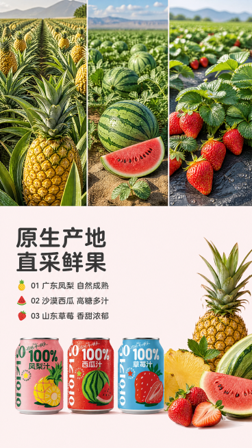 [第2屏] 真材实料产地展示屏-100%纯果汁原料产地展示。
[氛围/风格] 自然原生态风，新鲜食材质感，明亮通透，商业摄影。
[元素布局] 画面采用上下分栏结构，上半部分是三种鲜果产地实景拼图，分别预览效果