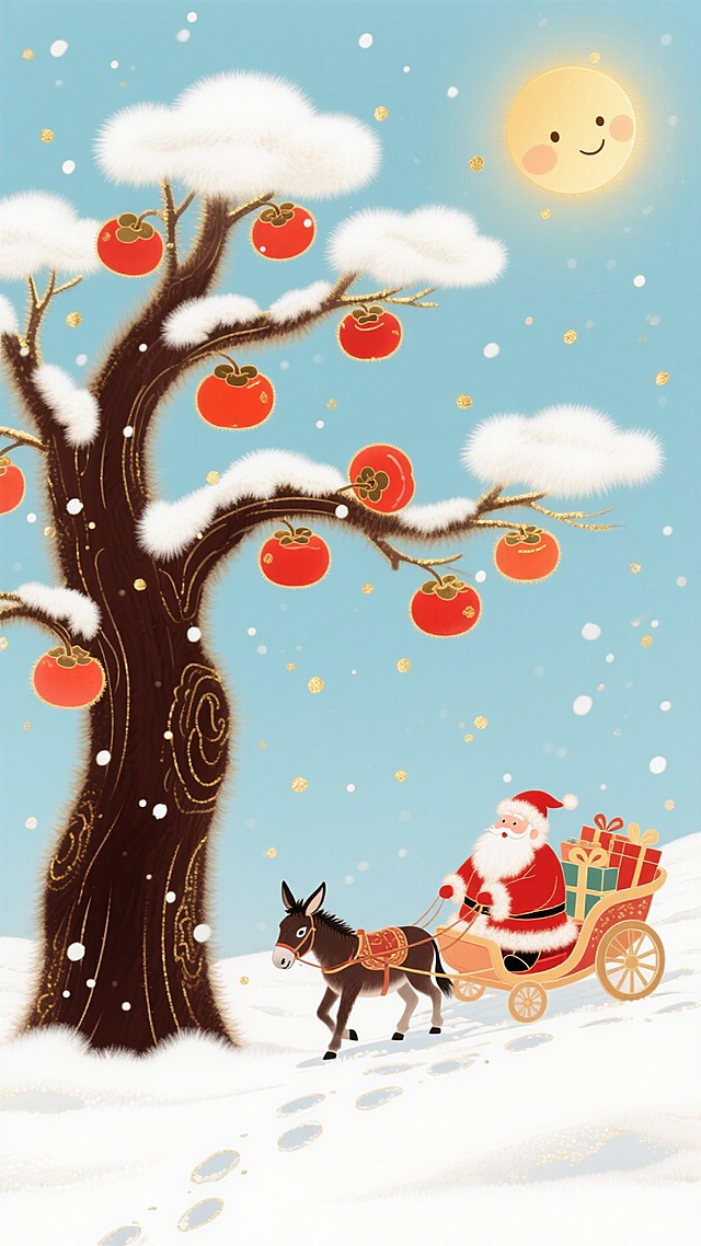 插画风圣诞场景，拟人化笑脸太阳与毛发生长风柿子树，水彩质感雪景中，圣诞老人驾驴车送礼，充满可爱、喜庆与温馨梦幻感。