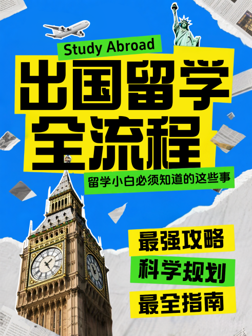 出国留学全流程知识科普攻略分享蓝色拼贴风小红书封面预览效果