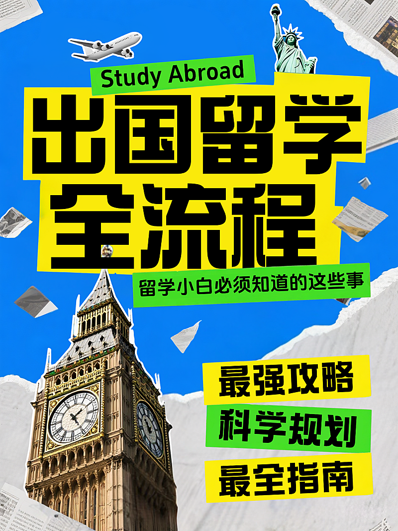 出国留学全流程知识科普攻略分享蓝色拼贴风小红书封面