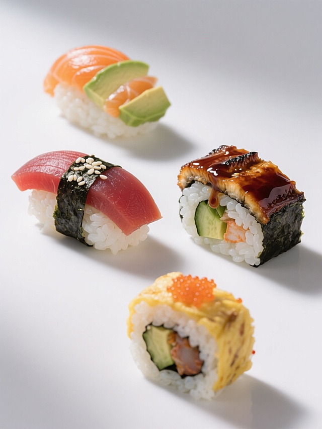一张日料寿司系列海报，采用纯白纯色背景，保持超写实摄影风格，光线明亮柔和，从斜上方打光，突出食材的质感和细节。画面中四个完全不同的寿司元素规整排布，分别是：1. 三文鱼牛油果寿司卷，三文鱼呈现鲜艳的橙红色，牛油果为淡绿色，搭配白色米饭和黑色海苔，表面撒有白色芝麻；2. 金枪鱼手握寿司，两块厚实的深红色金枪鱼覆盖在椭圆形的醋饭上，鱼肉边缘略带光泽，点缀少量芥末；3. 鳗鱼寿司卷，烤鳗鱼的深棕色外皮带有光泽，内部夹有黄瓜条和蟹肉棒，米饭上刷有浓稠的鳗鱼酱汁；4. 加州卷，外层包裹着金黄色的蟹籽，内部可见牛油果、蟹肉和黄瓜，用海苔将米饭和馅料卷起，切面整齐。所有寿司的米饭颗粒分明，呈现自然的白色，海苔乌黑发亮，食材色彩鲜艳且对比和谐，整体构图平衡，每个寿司元素大小相近，间距均匀，信息传达清晰，符合日料的精致感和视觉美感，能快速吸引日料爱好者的注意力。