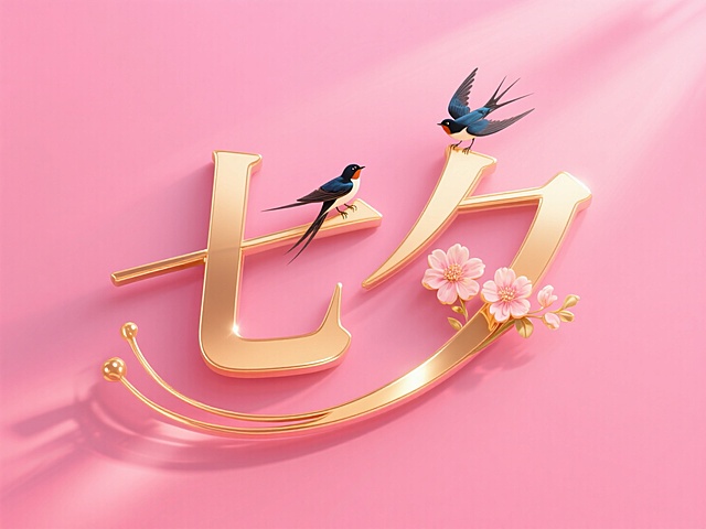 横向金色文字"七夕"。创意字体设计点缀两只喜鹊、花朵元素，线条流畅，高级感，粉色背景，高纯度配色。