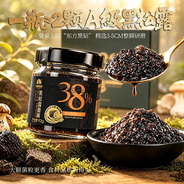 提升画面整体光感，增强光影层次和通透感，提升玻璃罐包装的质感与光泽，让标签文字更清晰锐利，黑松露酱的颗粒质感和油润光泽更突出，整体画面高级精致，保留原图所有文字、构图和元素不变