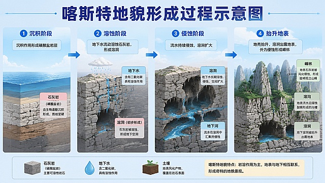 画个喀斯特地貌形成过程的仿真图，并标注出来各个结构个功能，用来给学生做科普