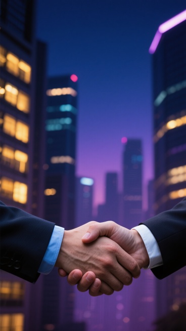 两只穿着深色西装（左侧西装袖口露出浅蓝色衬衫袖口，右侧西装袖口露出白色衬衫袖口）的手在画面中央有力地握在一起，手部特写占据画面主要视觉位置，手指关节清晰可见，握手姿态自然且充满力度。背景改为深邃的夜晚城市景观，以深蓝色和紫色为主色调，点缀着城市建筑窗户透出的暖黄色灯光，远处天际线有朦胧的霓虹光晕，整体光影柔和，营造出专业、沉稳且富有信任感的商业合作氛围，画面保持高度写实的摄影风格，背景虚化处理……预览效果
