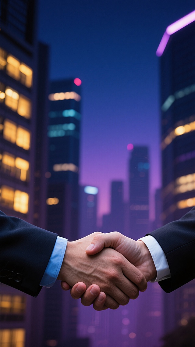 两只穿着深色西装（左侧西装袖口露出浅蓝色衬衫袖口，右侧西装袖口露出白色衬衫袖口）的手在画面中央有力地握在一起，手部特写占据画面主要视觉位置，手指关节清晰可见，握手姿态自然且充满力度。背景改为深邃的夜晚城市景观，以深蓝色和紫色为主色调，点缀着城市建筑窗户透出的暖黄色灯光，远处天际线有朦胧的霓虹光晕，整体光影柔和，营造出专业、沉稳且富有信任感的商业合作氛围，画面保持高度写实的摄影风格，背景虚化处理以突出手部主体。