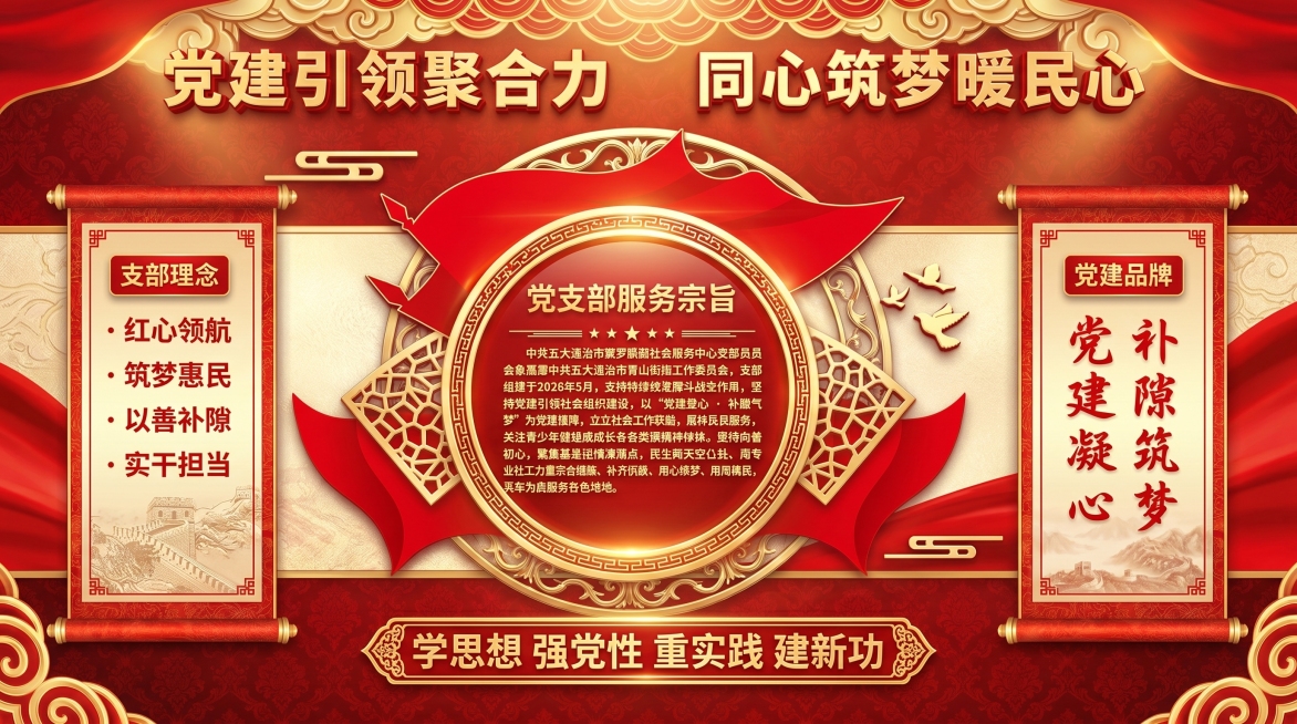 完全重新设计党建文化墙，保留全部原有文字内容，不只是更换背景。重新规划整体版式布局，升级整体设计风格，让排版更协调精致，升级所有装饰元素和细节设计，做出全新的设计方案。主标题保持"党建引领聚合力 同心预览效果