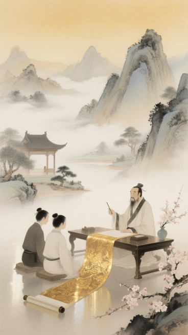主体绘古师案前讲学，两生垂首恭听。背景铺展传统山水，山峦叠嶂隐于云雾，古亭、苍松点缀其间。画面穿插山水纹金卷轴，伴盛放桃李花枝。色调以暖黄、金色为主，融水墨淡彩晕染出山峦层次。细节处，金纹精致与水墨柔预览效果