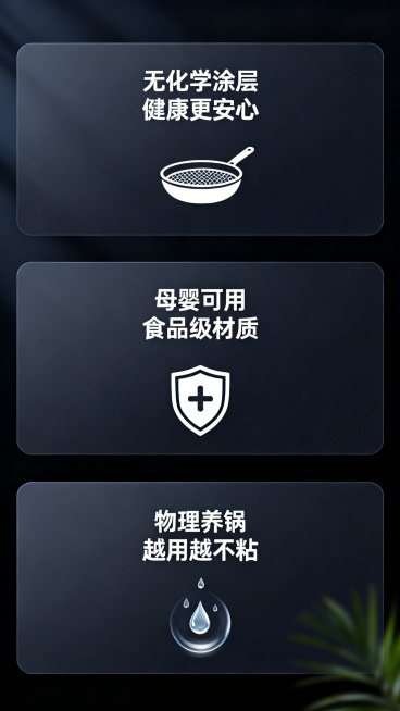 简约高端电商卖点长图，卡片式排版展示三个卖点：1."无化学涂层 健康更安心"配铁锅剖面图标；2."母婴可用 食品级材质"配安全盾牌图标；3."物理养锅 越用越不粘"配不粘水滴示意图，深色高级感背景，白预览效果