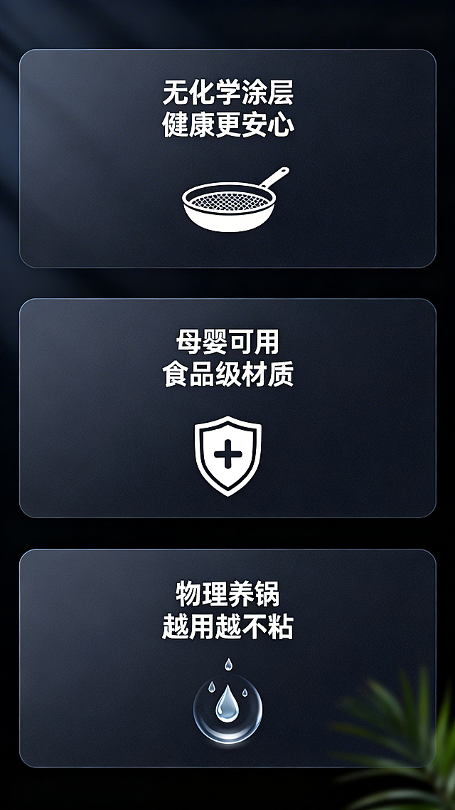 简约高端电商卖点长图，卡片式排版展示三个卖点：1."无化学涂层 健康更安心"配铁锅剖面图标；2."母婴可用 食品级材质"配安全盾牌图标；3."物理养锅 越用越不粘"配不粘水滴示意图，深色高级感背景，白色文字清晰易读