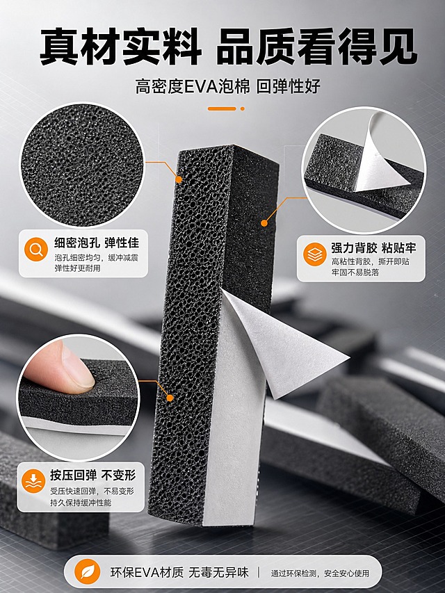 [商品] 使用【图1】长条块状EVA泡棉垫片、【图3】带背胶长条泡棉、【图7】圆形垫片背胶面特写；保留黑色泡棉材质、长条/圆形形状、白色离型纸背胶、细密泡孔纹理、泡棉截面多孔结构；产品处理：增强泡棉截面纹理质感，背胶层与泡棉层分界清晰，边缘整齐。
[画面] 页面目标：材质工艺细节展示，证明EVA泡棉的高弹材质、背胶粘性、厚度和细密泡孔结构。构图：中心放大+四周细节框的布局。主体位置：画面中心为放大的EVA泡棉垫片侧立截面特写，清晰展示泡棉的厚度和内部细密泡孔结构，一片垫片的背胶离型纸被撕开一角，展示背胶层。画面四周分布3个圆形细节放大框：左上框展示泡棉表面细密纹理，右上框展示背胶层粘性（离型纸半撕开状态），左下框展示垫片被手指按压后回弹的弹性效果。景别：微距特写为主，细节框为超微距。阅读动线：中心向四周扩散。前中后景：前景中心主体特写，背景虚化的其他垫片。
[视觉] 套系策略：风格=1688工业B端专业风 场景化商业摄影；标题字=粗黑无衬线商务字体；正文字=简洁无衬线体；主色=深炭灰黑；背景延展=基于深灰做浅灰-中灰-深灰渐变层级，搭配细腻工业网格/线条纹理；强调色=橙色，仅用于小面积图标、引线、标签和重点数字；标题色=深炭黑色；正文色=中灰色；组件=圆角浅灰信息卡、细线引线、橙色图标点缀；光影=侧光突出泡棉截面纹理凹凸感，主光柔和，质感真实细腻。
[文字] 顶部主标题大字：真材实料 品质看得见；主标题下方副标题：高密度EVA泡棉 回弹性好；3个细节框各有标签：左上-细密泡孔 弹性佳；右上-强力背胶 粘贴牢；左下-按压回弹 不变形；底部有一行说明文字：环保EVA材质 无毒无异味。文字全部横排，不遮挡主体关键细节。
[规格] 图片比例3:4竖版，4K，避免变形、错字、文字过小、颜色失真、边缘毛糙、悬浮感、水印、平台logo。