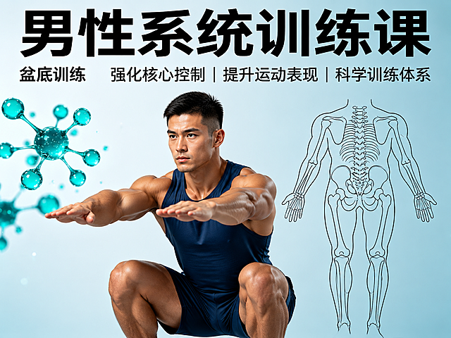 参考图整体构图和背景风格保持不变，将图中外国男性替换为中国强壮帅哥，短发，五官立体，肌肉发达，穿着深蓝色背心，姿势为深蹲训练姿势，双腿弯曲下蹲，双手前平举保持平衡，表情专注用力。背景保留浅蓝色渐变、左侧青色分子结构图案、右侧人体骨骼线稿，顶部保留大字标题排版区域。专业健身摄影风格，光线均匀柔和，高清质感。